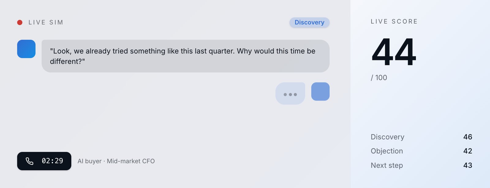 SalesProof Sim call: the AI buyer raises an objection